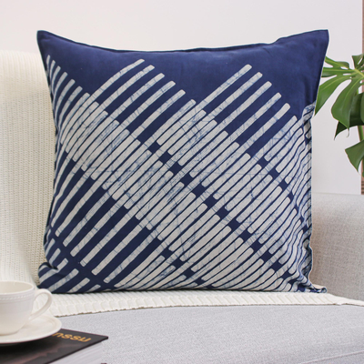 Cotton cushion cover, 'Diagonal Bamboo' - Blue Hill Tribe Cotton Batik Cushion Cover (24x24 Inch)