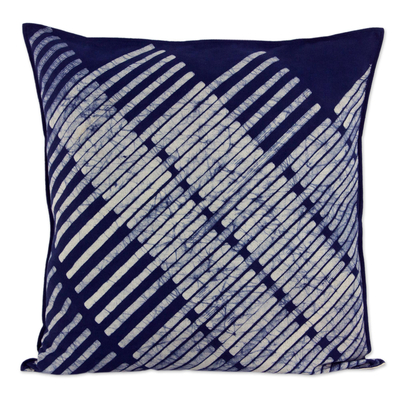 Cotton cushion cover, 'Diagonal Bamboo' - Blue Hill Tribe Cotton Batik Cushion Cover (24x24 Inch)