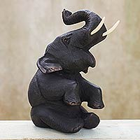 Teak wood sculpture, 'Happy Baby Elephant' - Thai Hand Carved Teak Wood Baby Elephant Sculpture