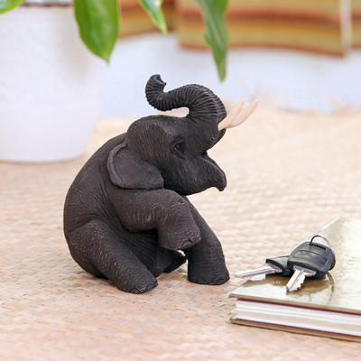 Teak wood sculpture, 'Happy Baby Elephant' - Thai Hand Carved Teak Wood Baby Elephant Sculpture