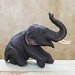 Teakwood Baby Elephant Sculpture Hand Carved in Thailand, 'Playful Baby Elephant'