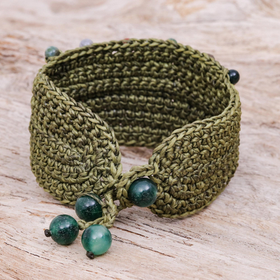 Agate wristband bracelet, 'Evening in Pai' - Agate and Olive Cord Hand Crocheted Wristband Bracelet