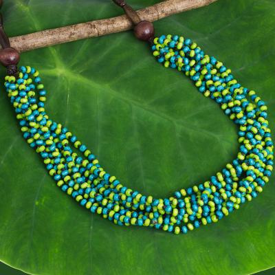 Wood beaded necklace, 'Cool Jungle Sky' - Hand Crafted Blue and Green Wood Collar Necklace Featuring T
