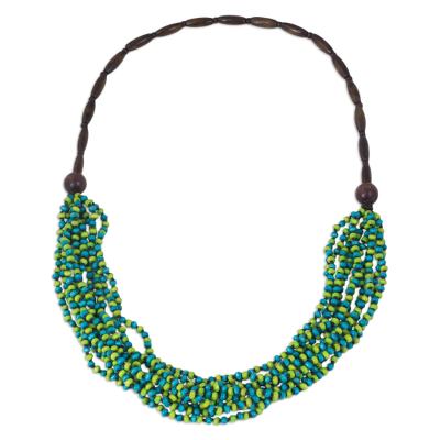 Wood beaded necklace, 'Cool Jungle Sky' - Handcrafted Necklace with Strands of Blue and Green Beads