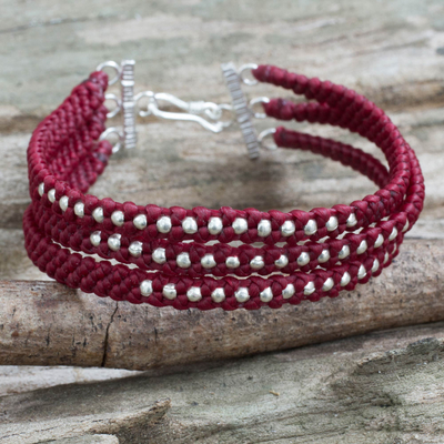 Silver beaded wristband bracelet, 'Crimson Moons' - Dark Red Braided Wristband Bracelet with Silver Beads