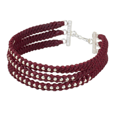 Silver beaded wristband bracelet, 'Crimson Moons' - Dark Red Braided Wristband Bracelet with Silver Beads