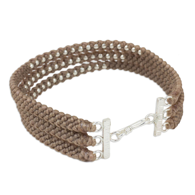 Silver beaded wristband bracelet, 'Khaki Moons' - Artisan Crafted Khaki Wristband Bracelet with Silver Beads