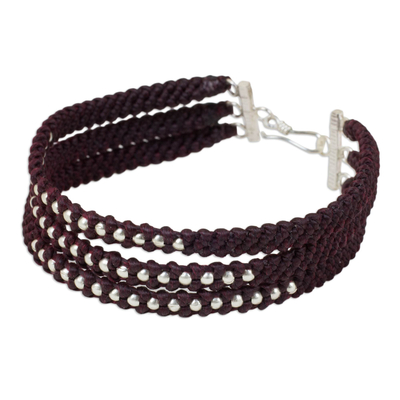 Armband aus silbernen Perlen - Geflochtenes Armband in Dunkelkastanienbraun mit Silberperlen