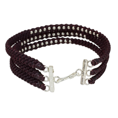 Silver beaded wristband bracelet, 'Maroon Moons' - Dark Maroon Braided Wristband Bracelet with Silver Beads