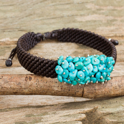 Beaded cord bracelet, 'Cranberry Chic' - Thai Brown Macrame Bracelet with a Cluster of Blue Gemstones