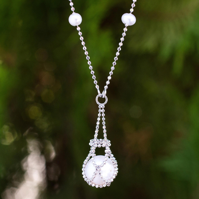 Cultured pearl pendant necklace, 'Lily Cologne' - Hand Crafted Pearl and Sterling Silver Pendant Necklace