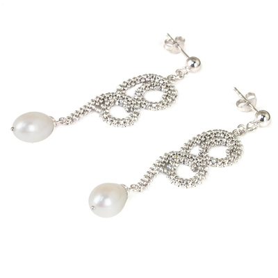 Cultured pearl dangle earrings, 'Sensuous Serpentine' - Thai Long Earrings with White Pearls and 925 Sterling Silver