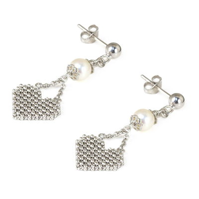Pendientes de perlas cultivadas y corazón de plata - Pendientes de corazón de plata de ley con perlas Joyería tailandesa