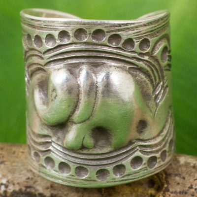 Hematite jewelry - Hand Crafted Silver Wrap Ring with Elephant Motif