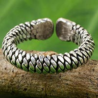 Silver wrap ring, 'Jungle Rope' - Artisan Crafted Thai Silver Wrap Ring with Rope Motif