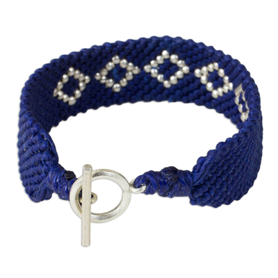 Silver and polyester braided bracelet, 'Blue Geometric' - Hand Crafted Polyester Braided Bracelet with Silver Beads