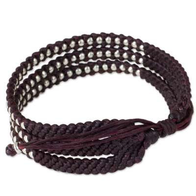 Silver accent beaded wristband bracelet, 'Dark Maroon Synergy' - Artisan Crafted Maroon Wristband Bracelet with Silver Beads