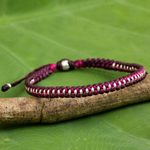 Silver accent braided bracelet, 'Bringing Friendship in Magenta' - Artisan Crafted Braided Bracelet with Silver Beads