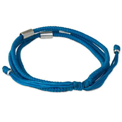 Pulsera de plata y cordón de poliéster trenzado - Pulsera trenzada azul artesanal con detalles plateados