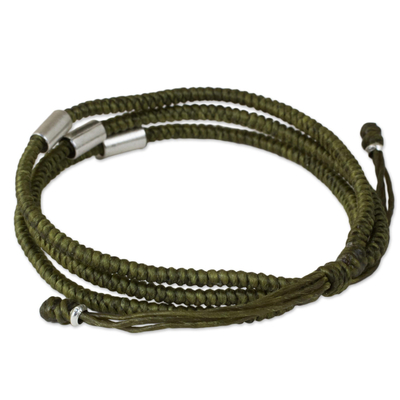 Silver and braided polyester cord bracelet, 'Best Friend in Green' - Hand Crafted Olive Green Braided Bracelet with Silver Beads