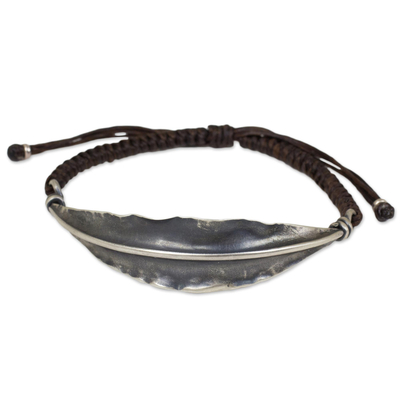 Silber-Armband-Armband, 'Braunes Bambusblatt'. - 925 Silber-Bambusblatt-Anhänger an braunem Armband-Armband