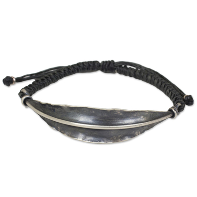 Silberarmband-Armband, 'Graues Bambusblatt' - Handgefertigtes 925er Silber-Bambusblatt auf grauem Armband-Armband