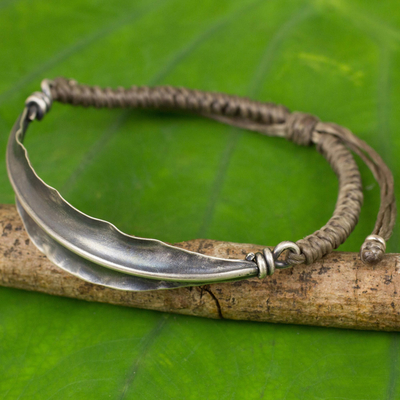 Silver wristband bracelet, 'Khaki Bamboo Leaf' - Khaki Wristband Bracelet 925 Silver Bamboo Leaf Pendant