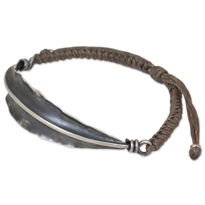 Silver wristband bracelet, 'Khaki Bamboo Leaf' - Khaki Wristband Bracelet 925 Silver Bamboo Leaf Pendant
