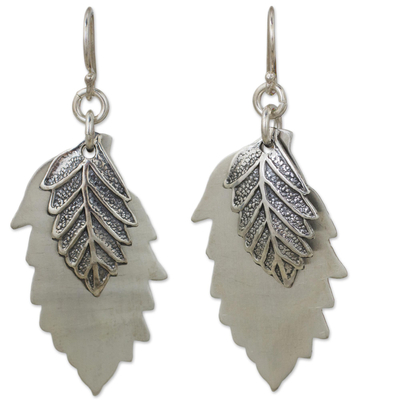 Sterling silver dangle earrings, 'Leaf Shadows' - Double 925 Sterling Silver Leaves Artisan Crafted Earrings
