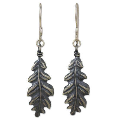 Sterling silver dangle earrings, 'Midnight Oak Leaf' - 925 Sterling Silver Oak Leaf Artisan Crafted Earrings