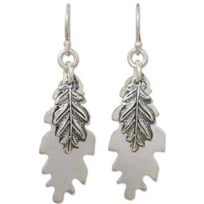 Sterling silver dangle earrings, 'Oak Leaf Shadow' - Double 925 Sterling Silver Oak Leaf Artisan Crafted Earrings
