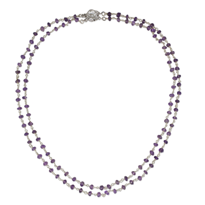 Amethyst strand necklace, 'Regal Water Lily' - Amethyst Strand Necklace with Flower Clasp Artisan Jewelry
