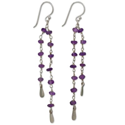 Amethyst dangle earrings, 'Regal Water Lily' - Thai Amethyst Artisan Jewelry Sterling Silver Earrings