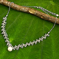 Cultured pearl pendant necklace, 'Jasmine Mist' - White Pearl Pendant on Artisan Crafted 925 Silver Necklace