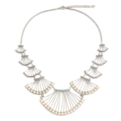 Cultured pearl statement necklace, 'Jasmine Terrace' - Cultured Pearl and Sterling Silver Adjustable Necklace