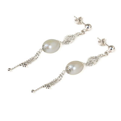 Cultured pearl dangle earrings, 'Morning Lily' - Thai Earrings with Sterling Silver Chain and Pearls