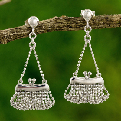 Sterling silver dangle earrings, 'Pretty Purse' - Sterling Silver Purse Earrings Original Thai Jewelry