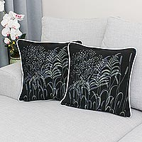 Cotton cushion covers, 'Thai Grasses' (pair) - Thai Hand Crafted Floral Cotton Cushion Covers (Pair)