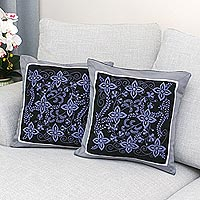 Cotton cushion covers, 'Cheesewood Floral' (pair) - 100% Cotton Artisan Crafted Floral Cushion Covers (Pair)