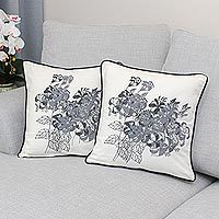 Cotton cushion covers, 'Hibiscus' (pair) - 100% Cotton Artisan Crafted Floral Cushion Covers (Pair)
