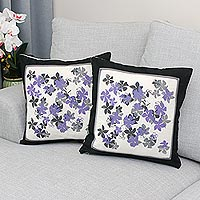 Cotton cushion covers, 'Plumeria' (pair) - Cotton Artisan Crafted Cushion Covers with Flowers (Pair)