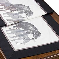 Cotton table runner, 'Marching Elephants' - Artisan Crafted 100% Cotton Table Runner with Elephant Motif