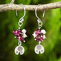 Cultured pearl and garnet dangle earrings, 'Karen Roses' - Karen Hill Tribe Floral Silver Pearls and Garnet Earrings