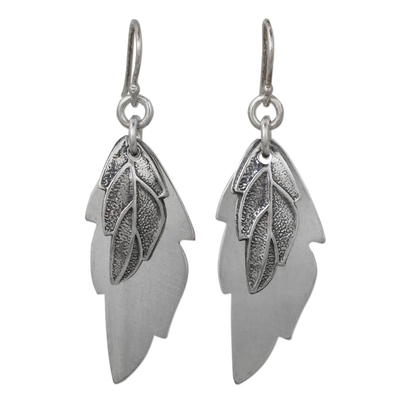 Sterling silver dangle earrings, 'Shadow Leaves' - Double Shadow Leaves Handmade 925 Sterling Silver Earrings