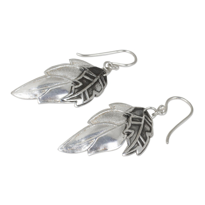 Sterling silver dangle earrings, 'Exotic Leaf Shadows' - Double Exotic Leaf Earrings Handmade in 925 Sterling Silver