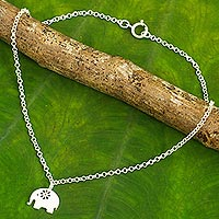 Handcrafted Thai Sterling Silver Floral Elephant Anklet,'Blooming Elephant'