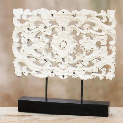 Wood sculpture, 'White Floral Magnificence' - Hand Carved Whitewashed Wood Flower Relief Sculpture