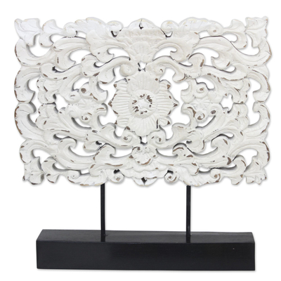 Hand Carved Whitewashed Wood Flower Relief Sculpture