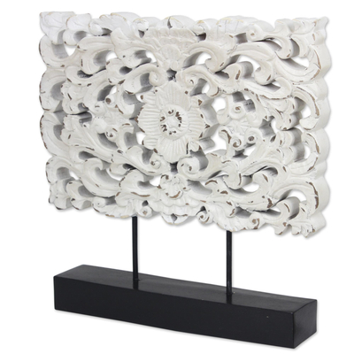 Wood sculpture, 'White Floral Magnificence' - Hand Carved Whitewashed Wood Flower Relief Sculpture