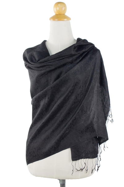 Rayon and silk blend shawl, 'Mandarin Jet' - Artisan Crafted Rayon Blend Black Shawl with Floral Motif